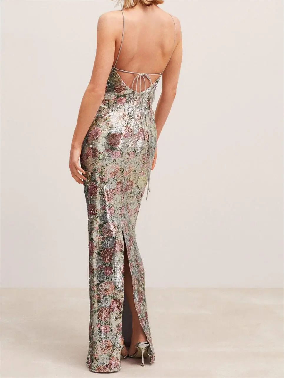 Sequinned halter-neck floral dress