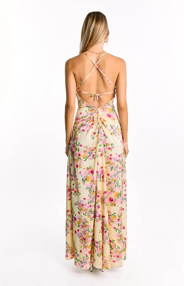 Satin Halter Halter Neck Floral Maxi Dress