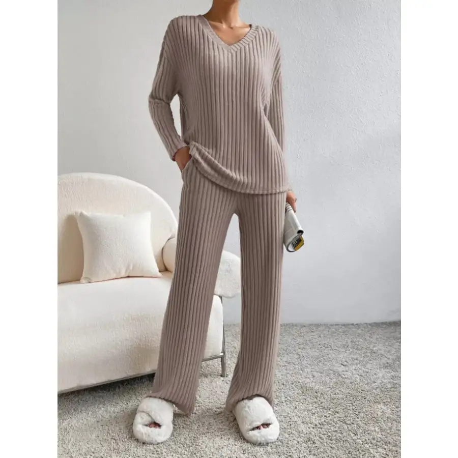 Ribbed Knit Long Sleeve Top and Pants Set