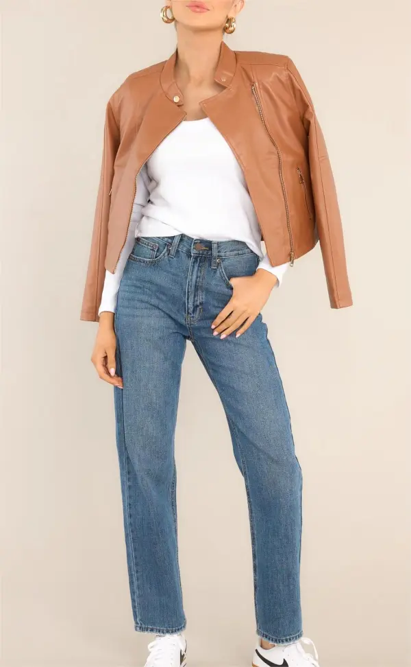 DEFYING THE ODDS CARAMEL FAUX LEATHER JACKET