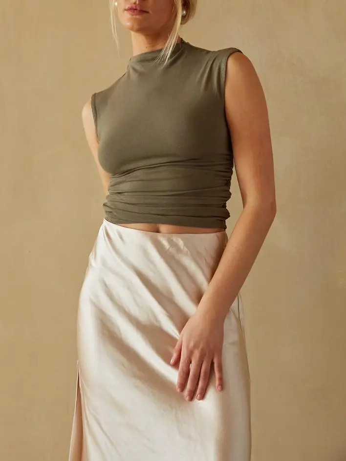 Ruched High Neck Tank Top