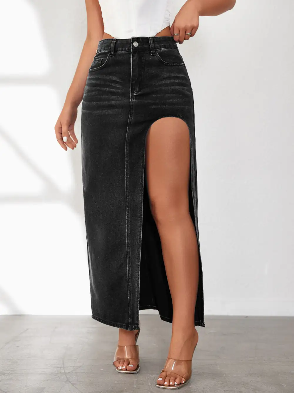 High Waist Slit Denim Skirt
