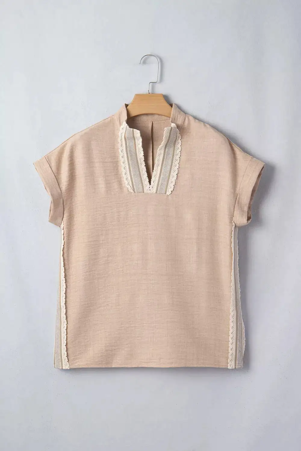 Crochet Lace Accent Pullover Rolled Short Sleeve