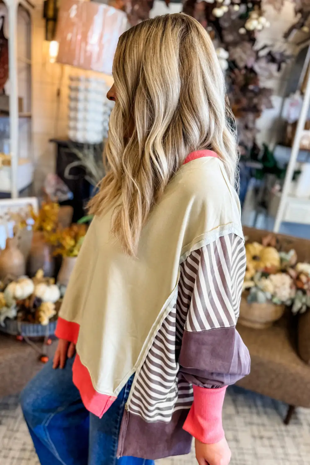 Striped Patchwork Dolman Sleeve Sweatshirt