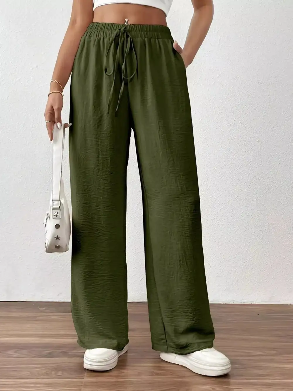 Relaxed Casual Drawstring Wide Leg Pants
