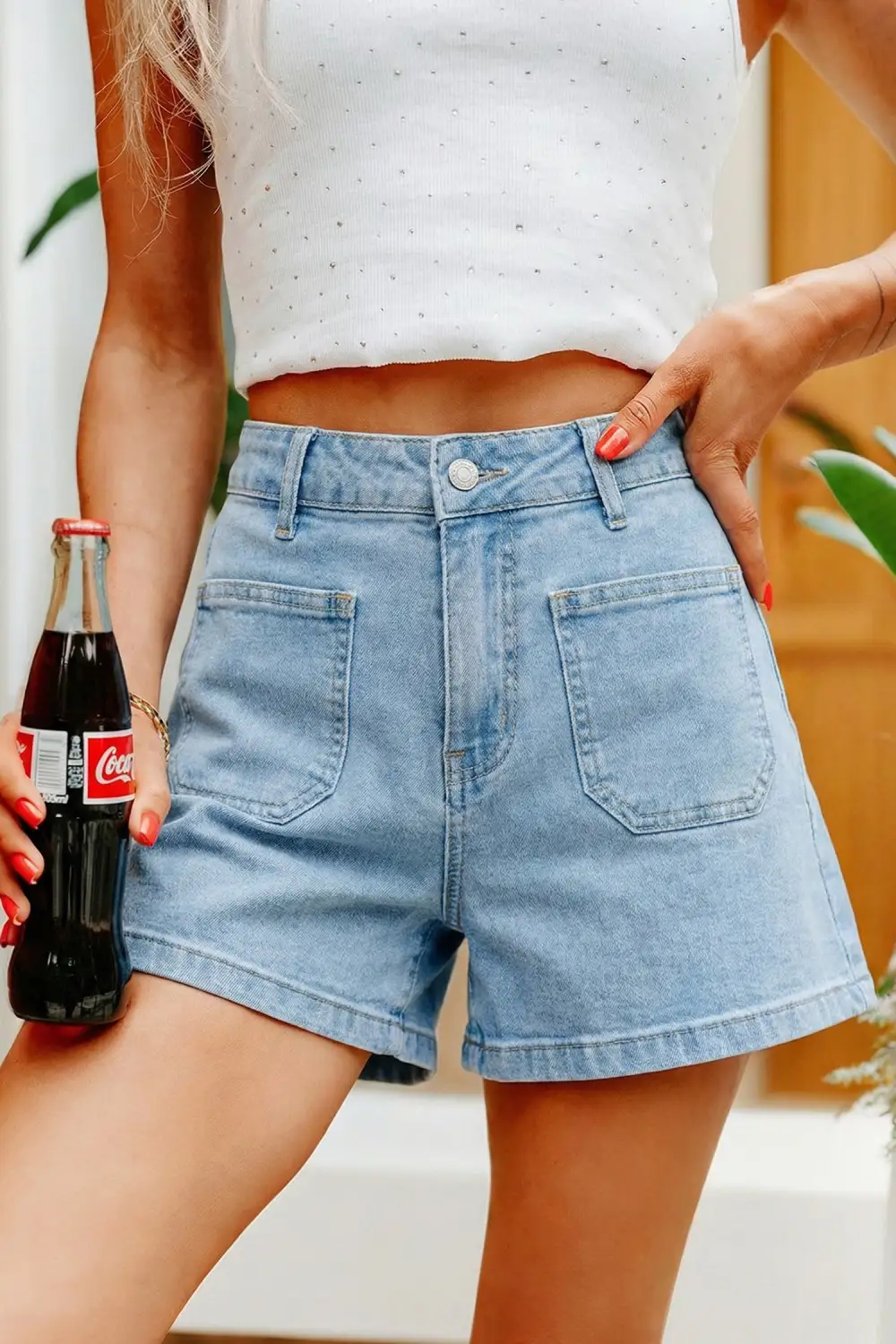 High Rise Patch Pocket Denim Shorts