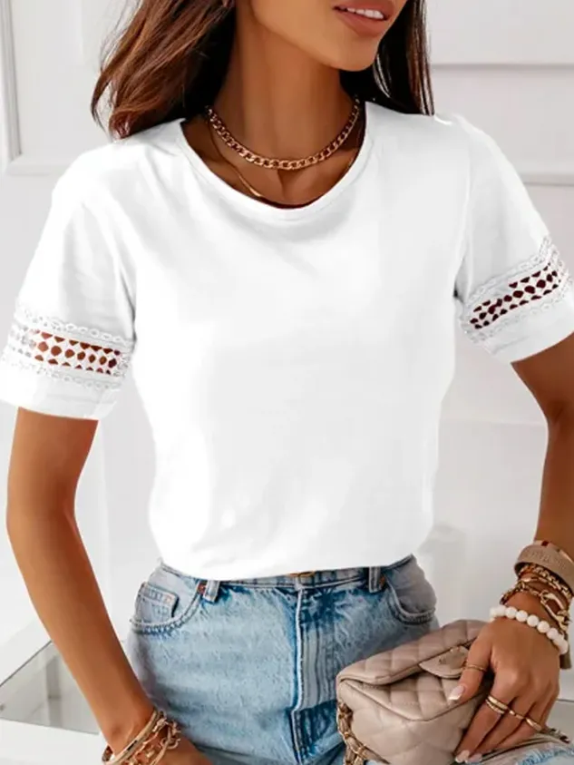 Casual Plain Crew Neck Short Sleeve Lace Top