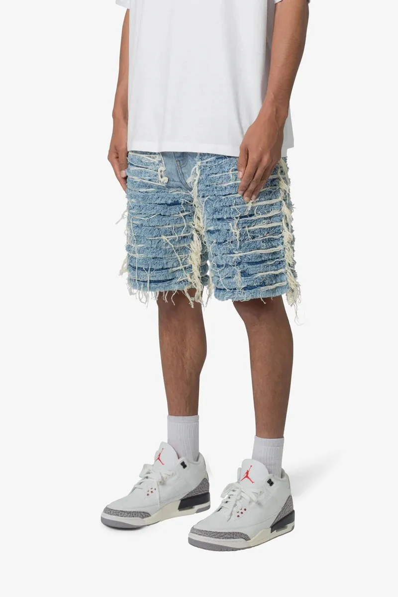 LIGHT BLUE ALL OVER DISTRESSED DENIM SHORTS