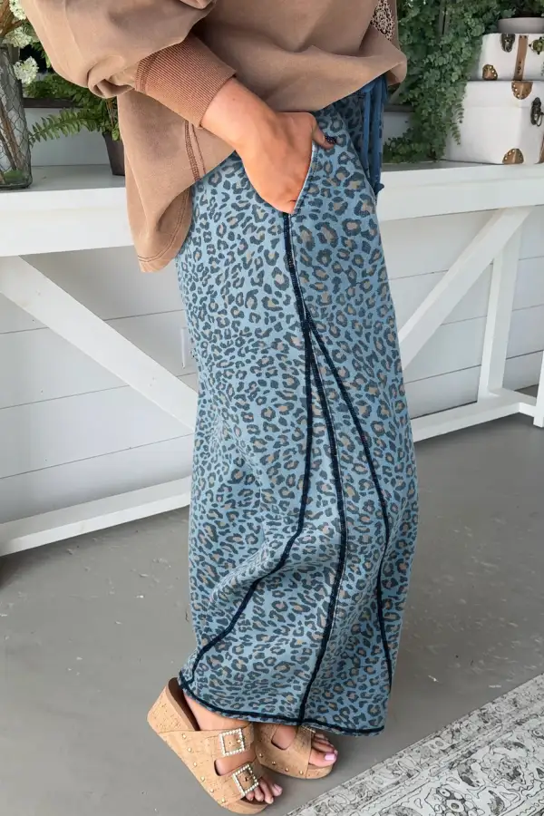 Wide Leg Drawstring Leopard Print Exposed Jeans