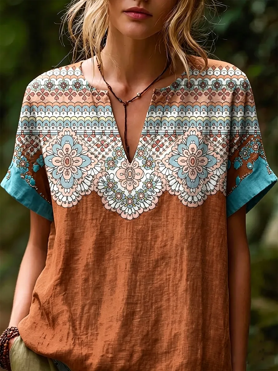 Women's Retro Ethnic V-Neck Shirt