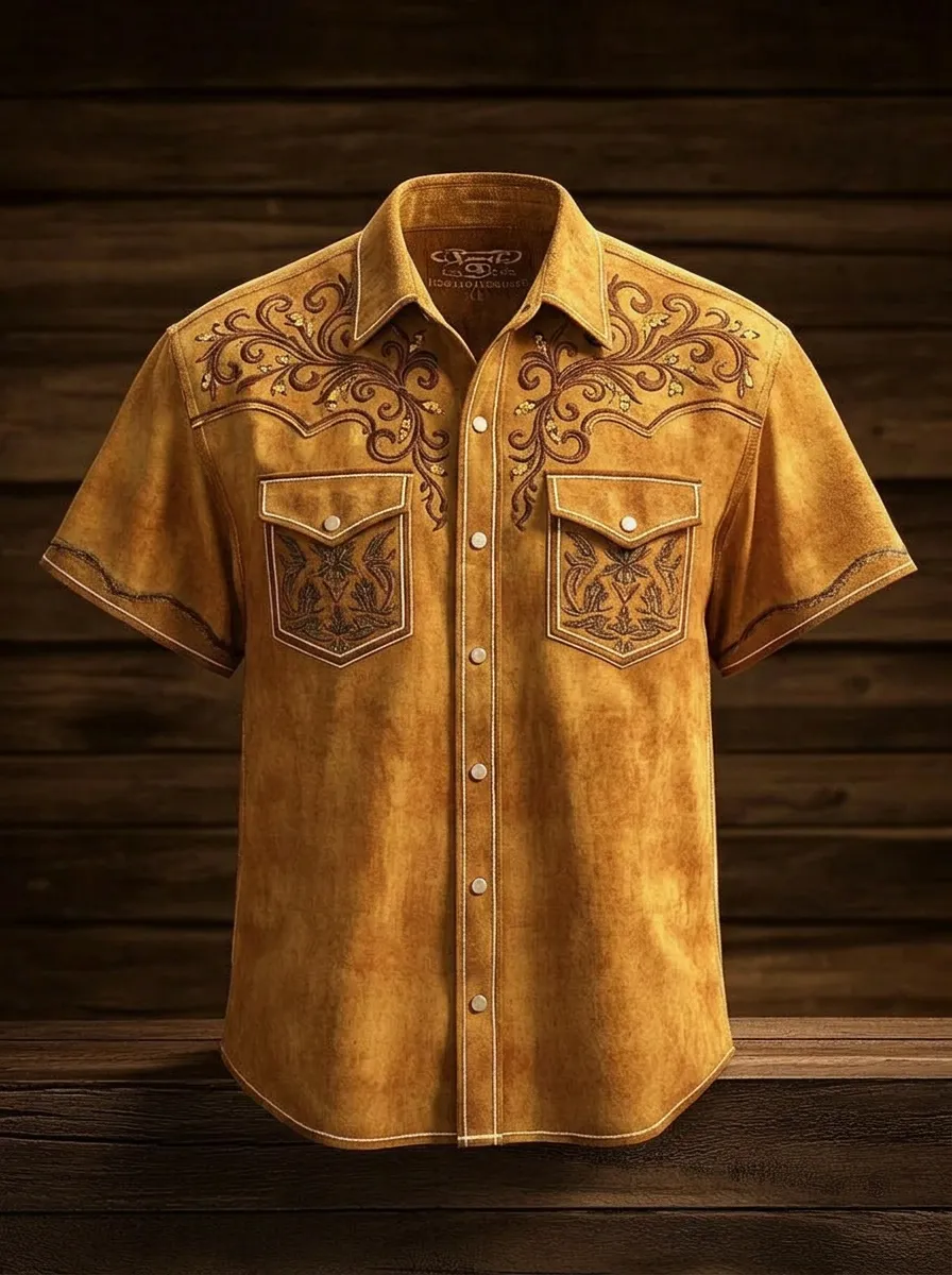 Men's Western Cowboy Floral Embroidery Printed Shirt