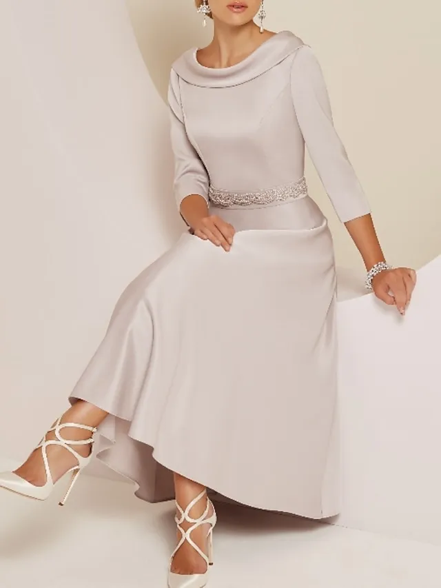 A-Line Mother of the Bride Dress Wedding Guest Elegant Vintage Plus Size Bateau Neck Tea Length Satin 3/4 Length Sleeve with Beading 2024