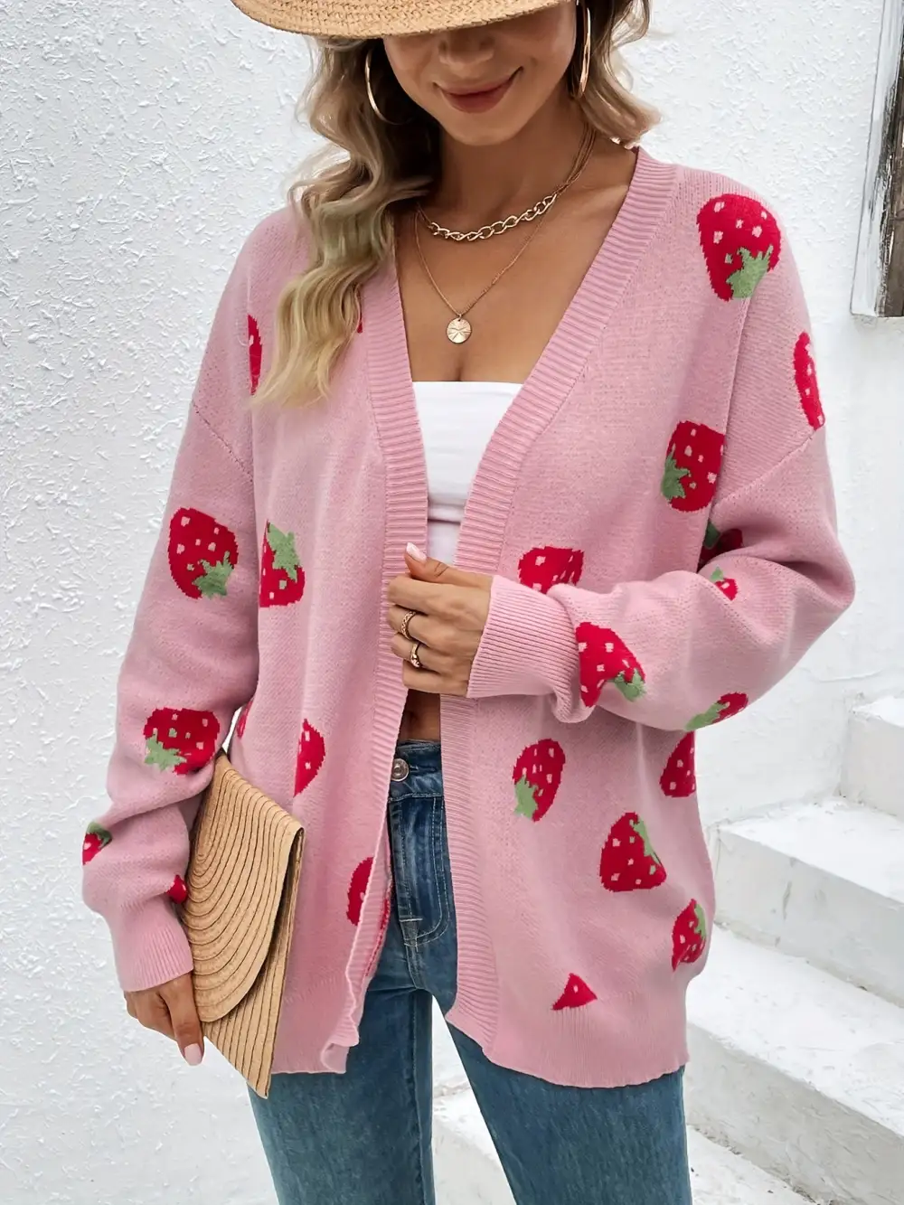 Strawberry Cardigan: Spring/Fall Style (Open Front, Long Sleeves)