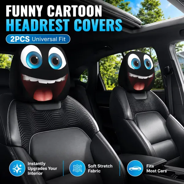 Black & White Creepy Smile Design Car Headrest Cover Stretch Universal Horror Car Dust Cover