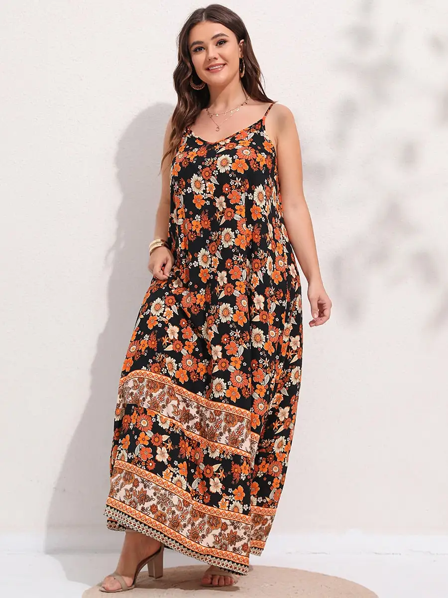 Spirit and Rebel Plus Size Floral Print Boho Maxi Dress