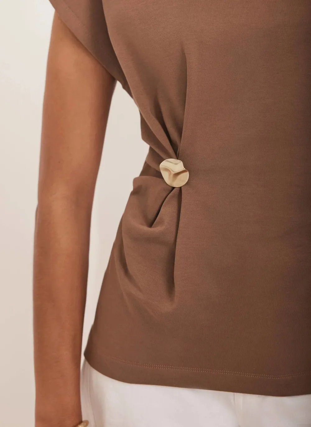 Casual Style Brown Gathered Detail T-Shirt