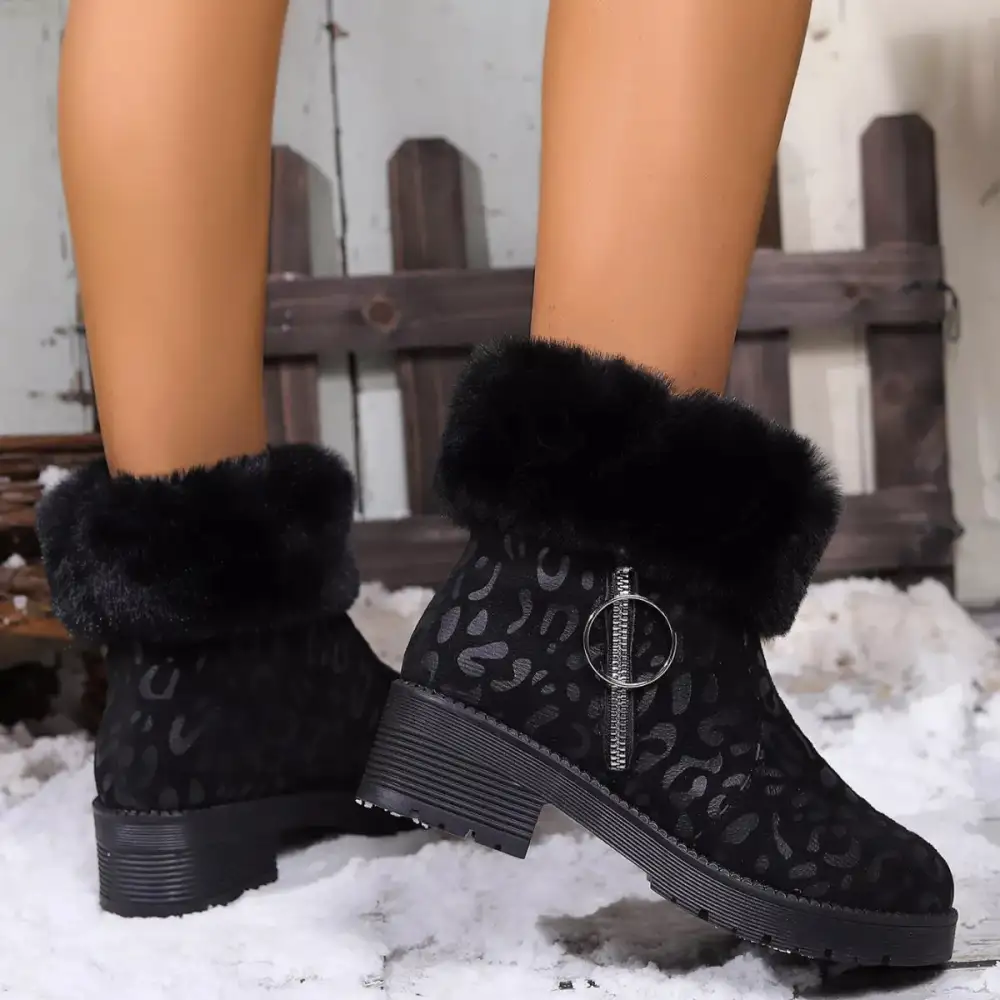 Fuzzy Cuff Print Ankle Boots