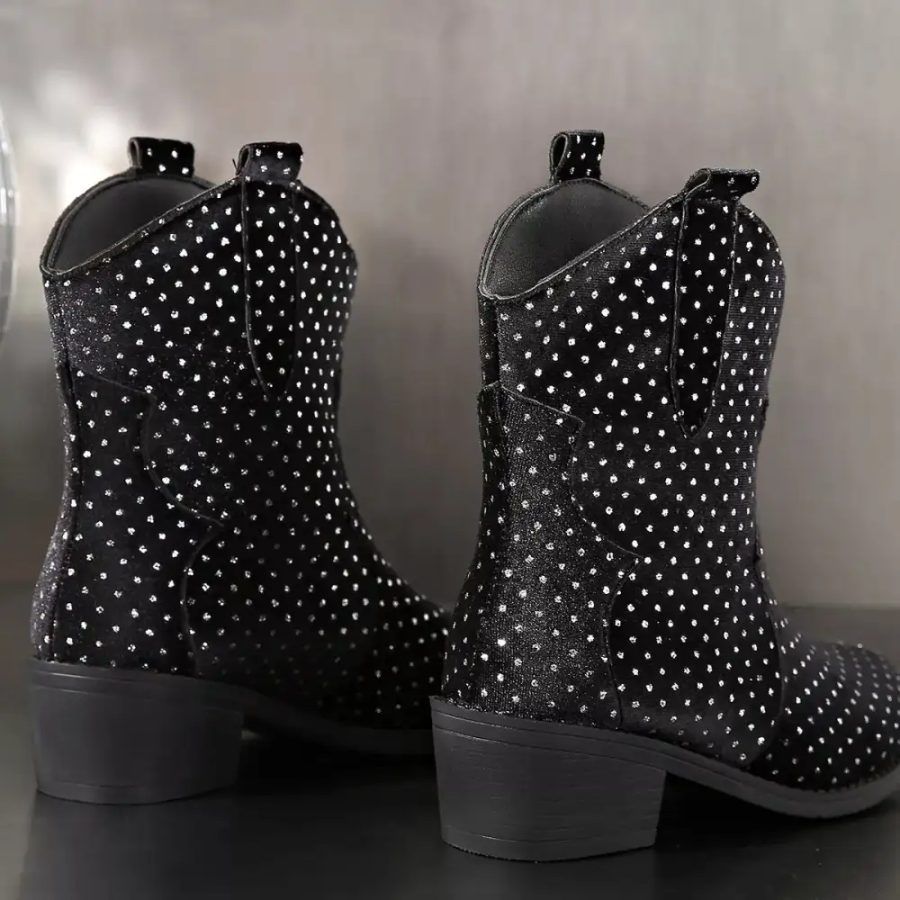 Sparkling Pointed Toe Block Heel Boots
