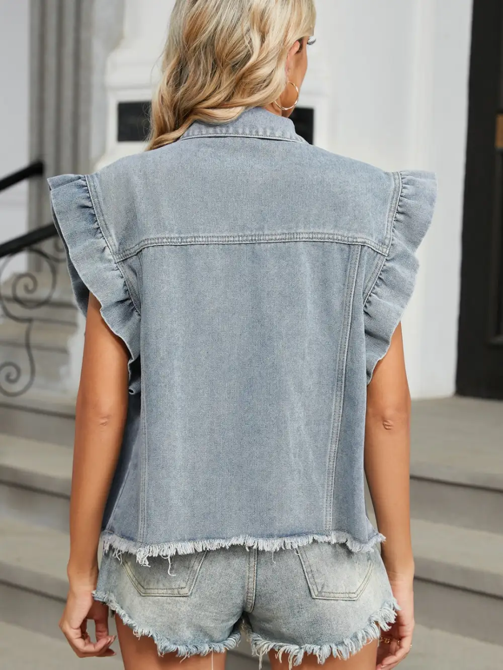 Raw-hem Cap Sleeve Denim Jacket