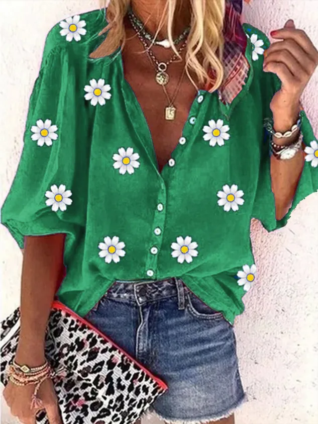 Casual Daisy Loose Stand Collar Three Quarter Sleeve Blouse