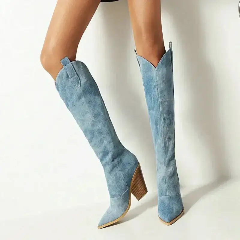 Denim Plush-Lined Cowboy Knee-High Boots