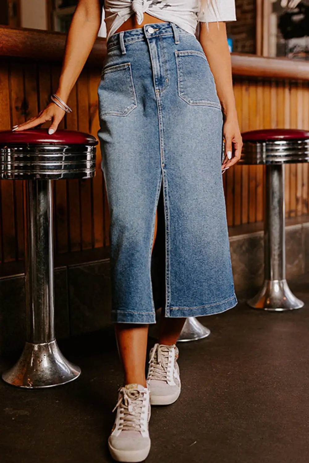 Midi Denim Side Slit Skirt