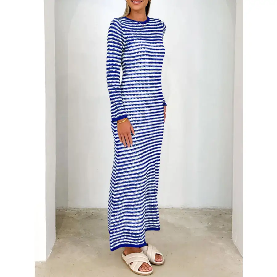 Devine Tied Round Neck Striped Sweater Dress