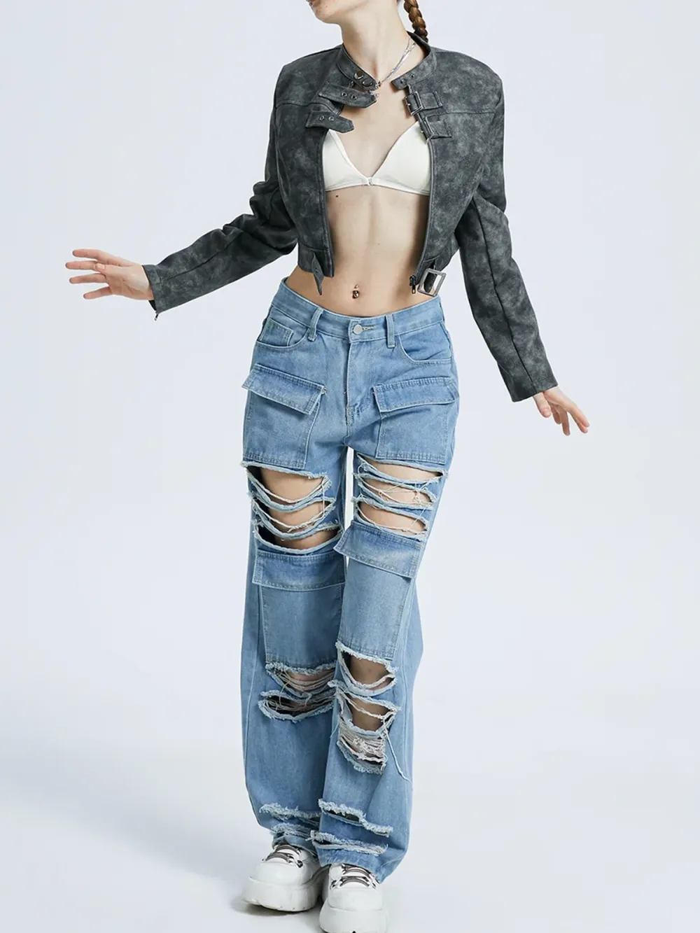 Pu Stand Collar Long Sleeve Jacket