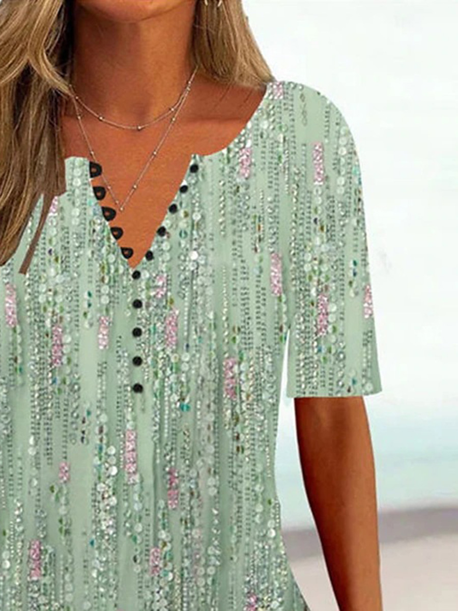 Printed V Neck Button Down Short Sleeved Top