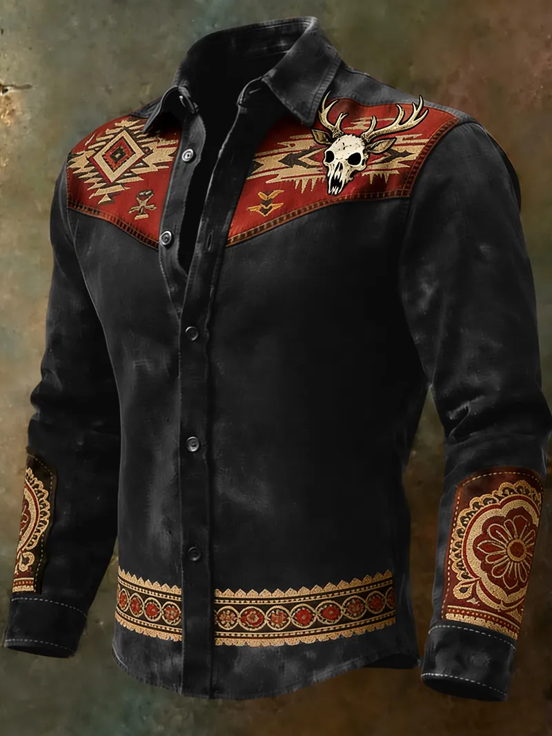 Men's Distressed Western Deer Skull & Aztec Pattern Long Sleeve Shirt