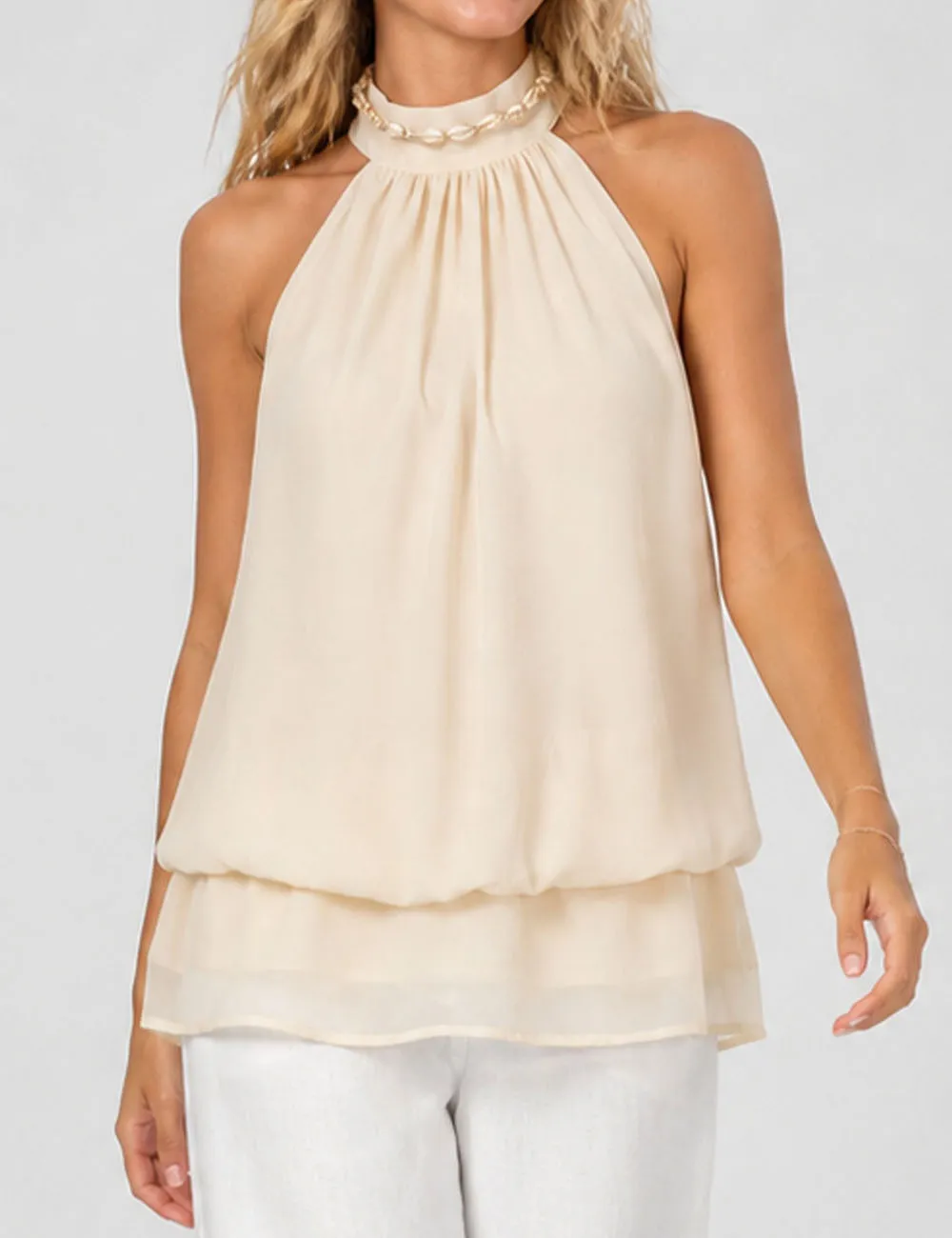 Chiffon Stand Neck Solid Color Ruffle Hem Sleeveless Top