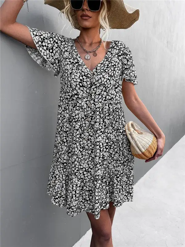 Floral Short Sleeve V Neck Midi Length Dress