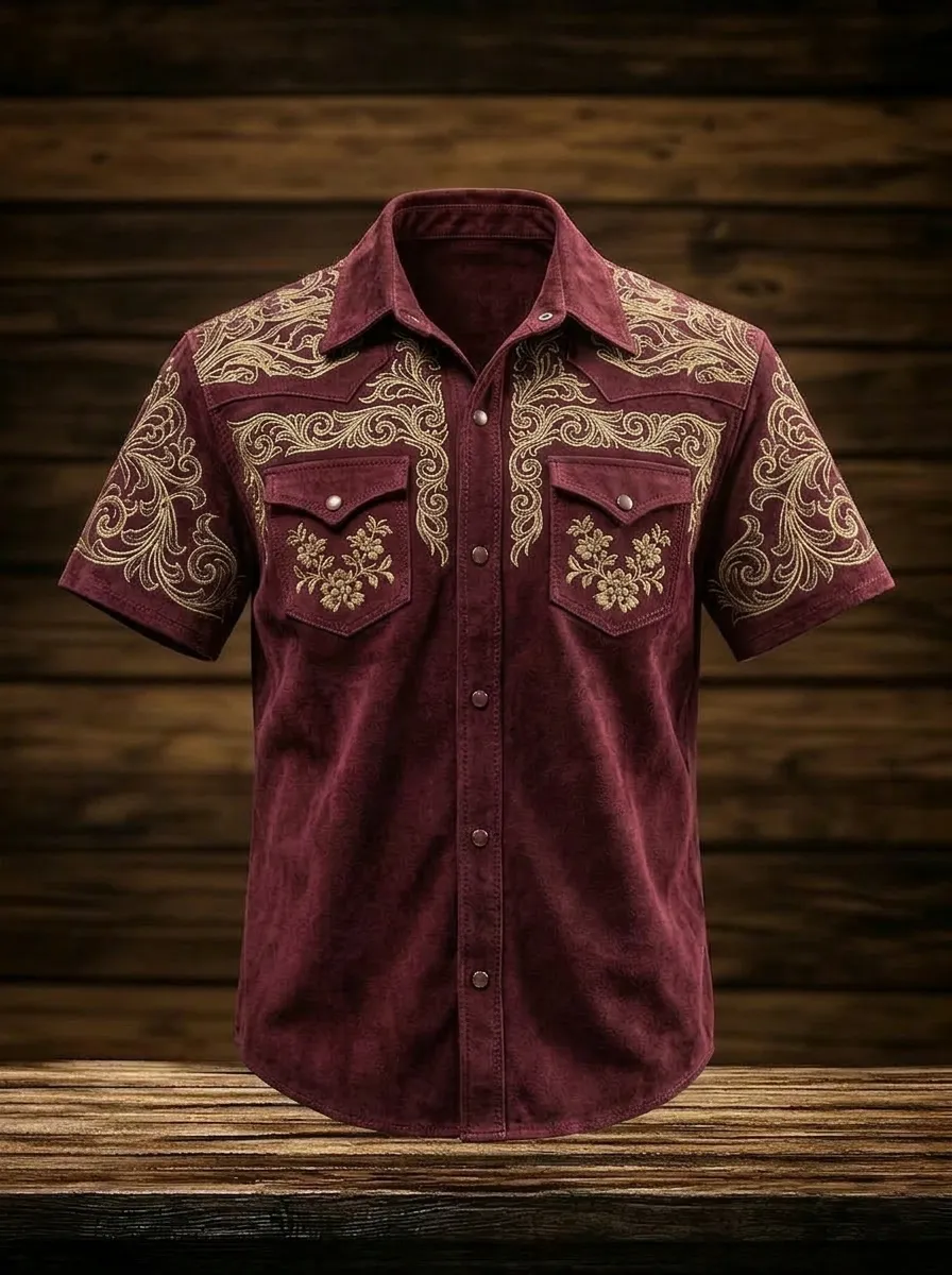 Men's Western Style Floral Embroidery Printed Shirt