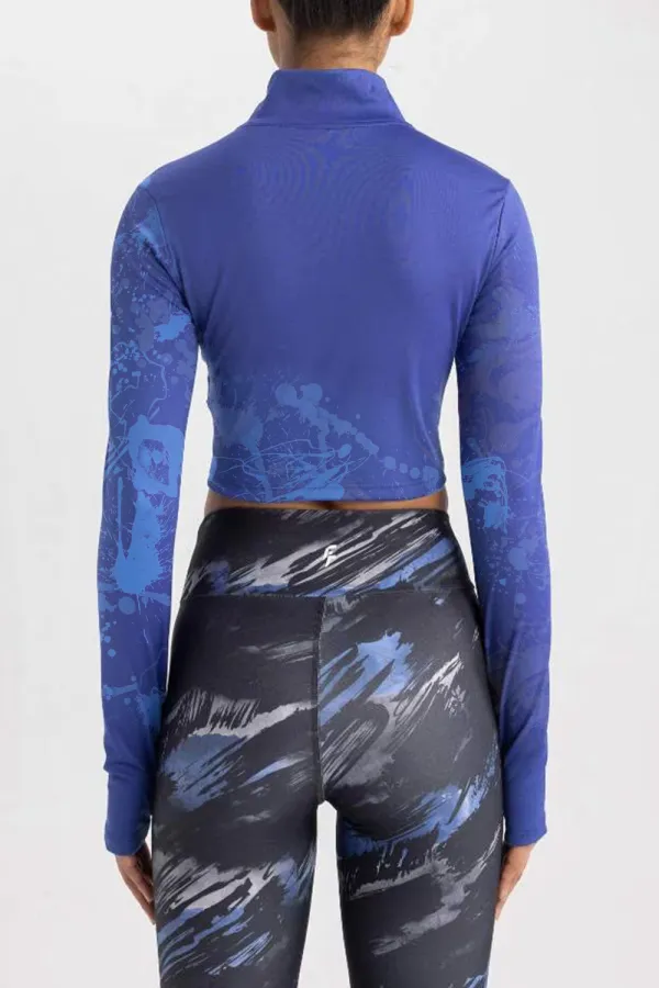 Crop Zip-Up Turtle Neck Long Sleeve T-Shirt