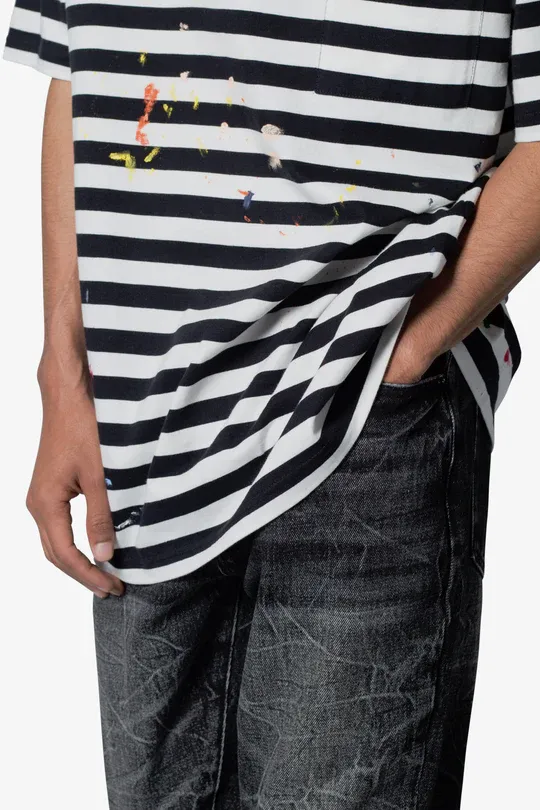 BLACK AND WHITE STRIPED PAINT SPLATTER T-SHIRT