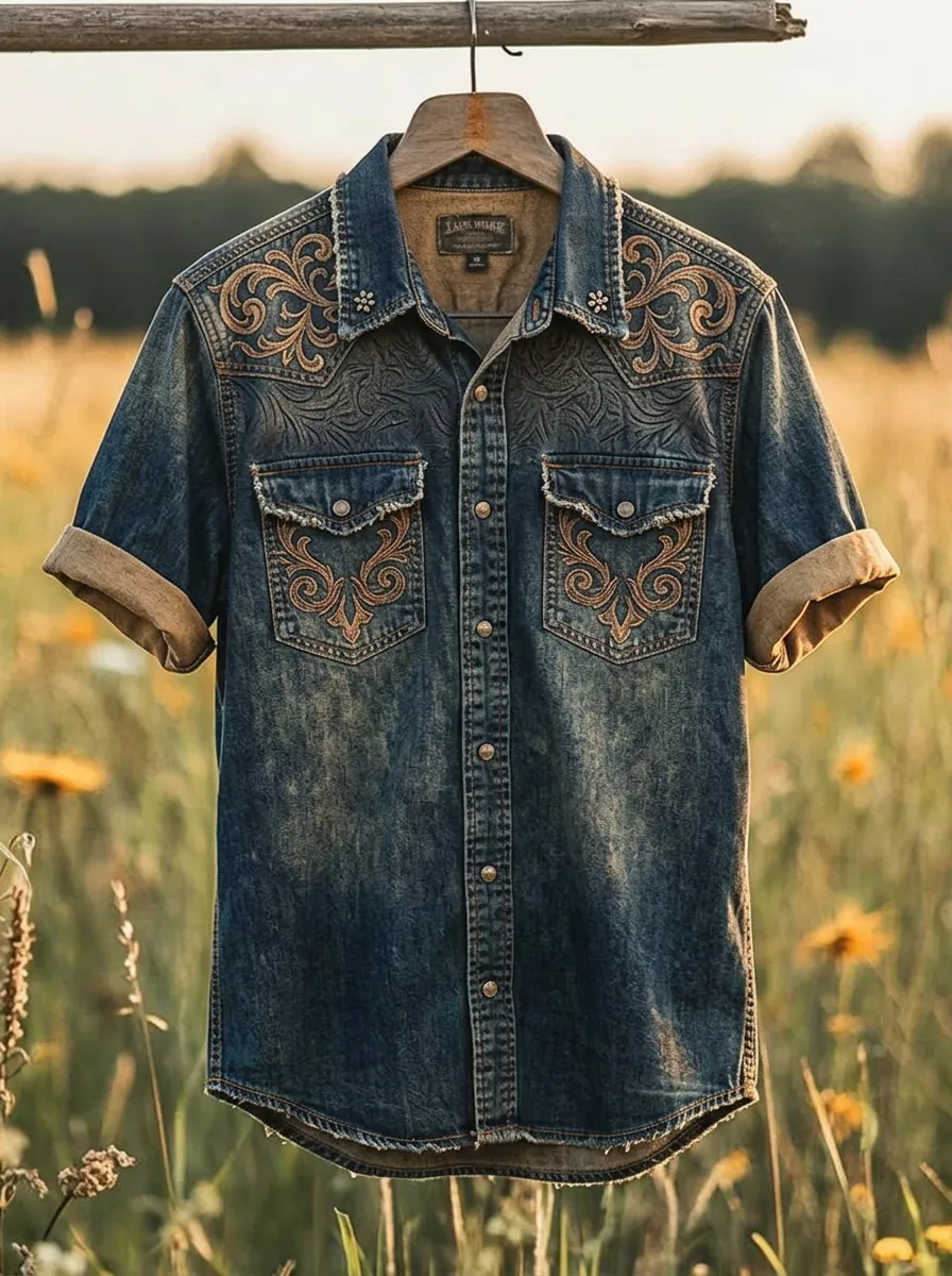 Men's Western Cowboy Floral Embroidered Denim Printed Shirt