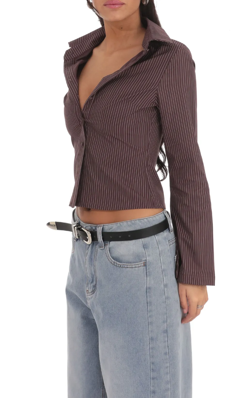 Pinstripe Button-Up Shirt In Brown