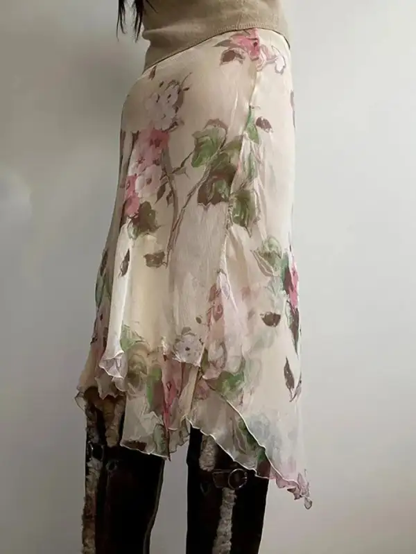 Floral Print Contrast Asymmetric Low-Waist Midi Skirt