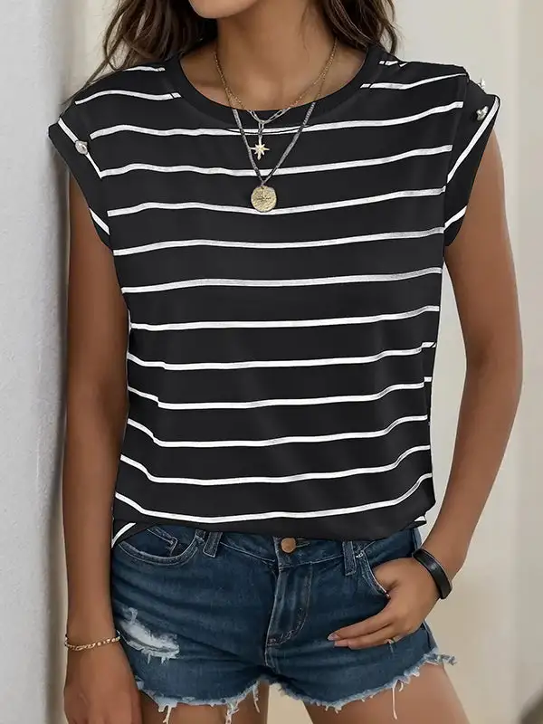 Relaxed Short Sleeve Panel Detail Stripe Round Neck T-Shirt