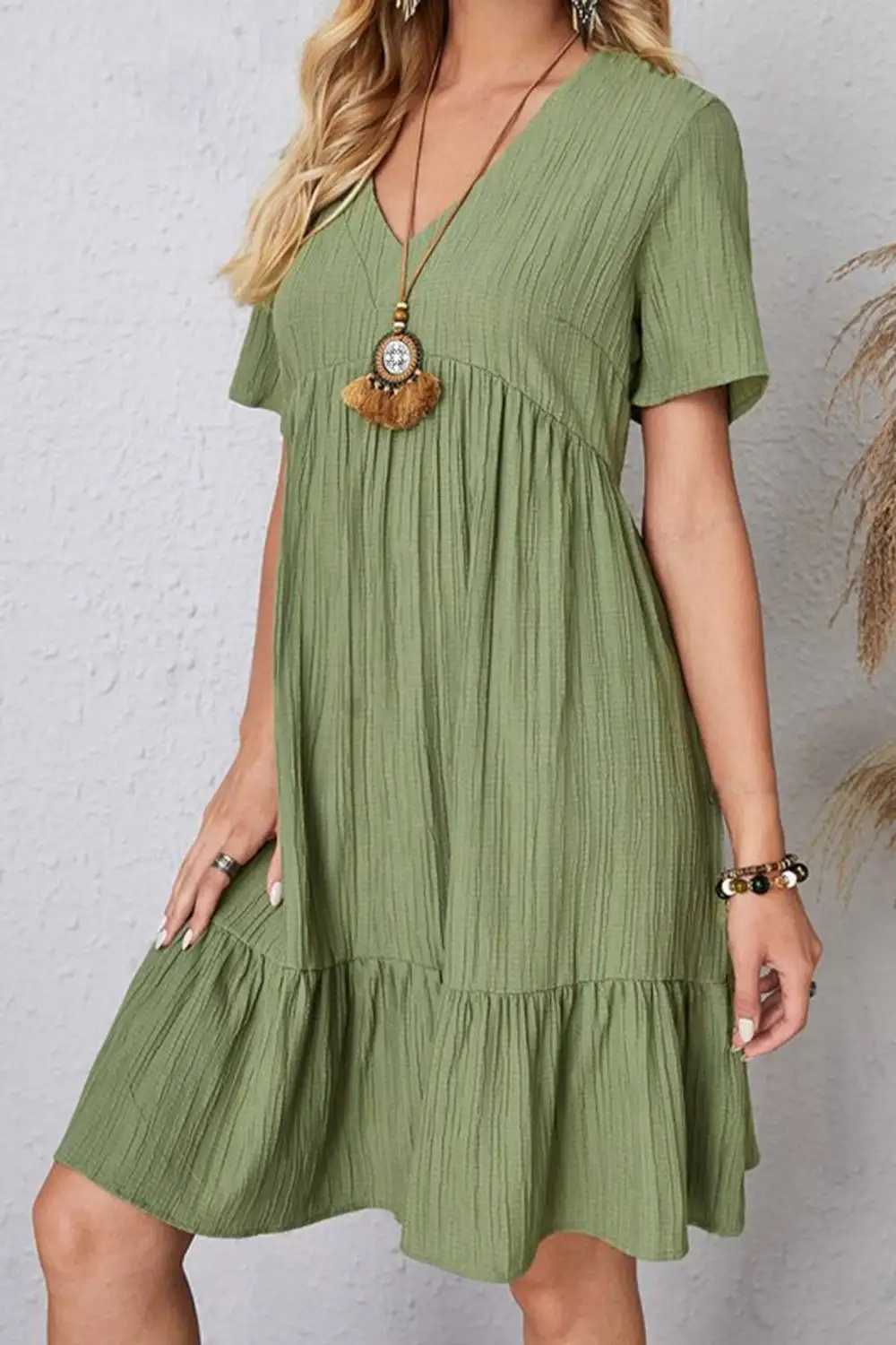 Boho Chic  Plus Size Ruched V-Neck Short Sleeve Dress