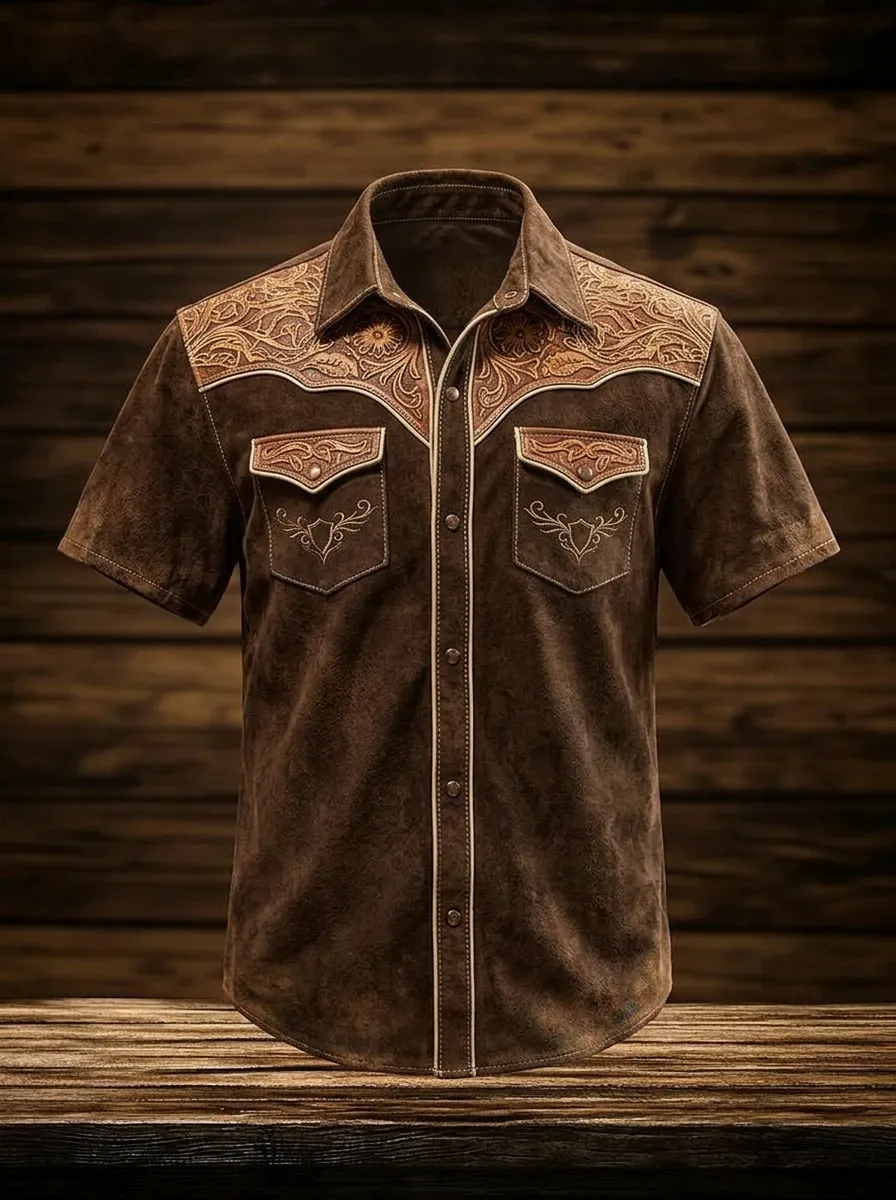 Men's Western Cowboy Floral Tooled Leather Pattern Printed Shirt