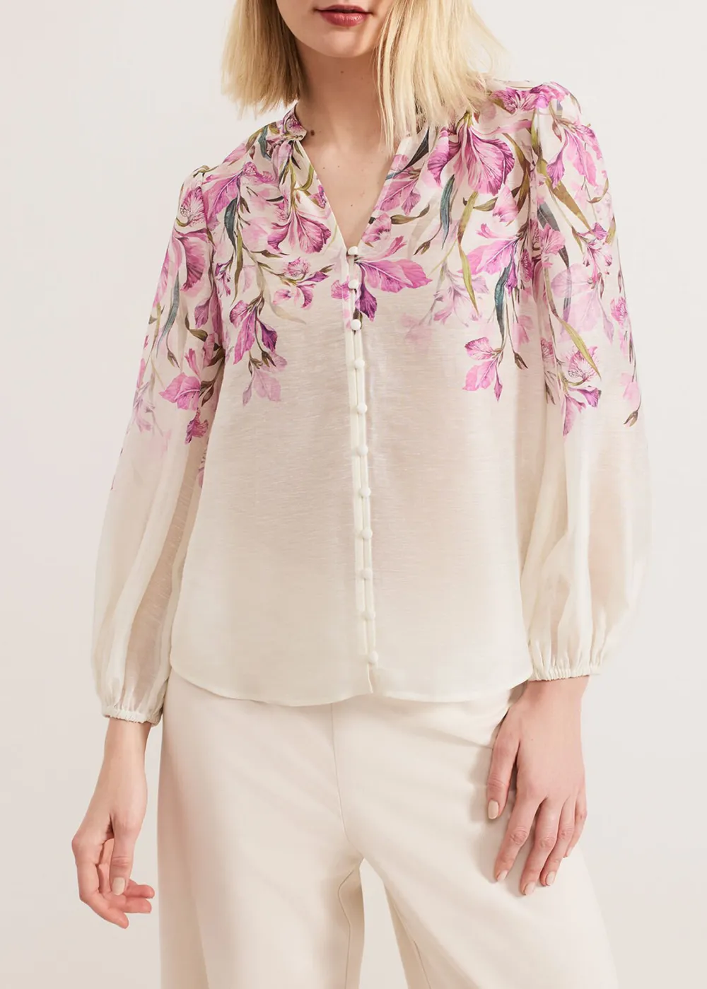 Skin-Friendly Breathable Linen Pink Printed Ladies Shirt