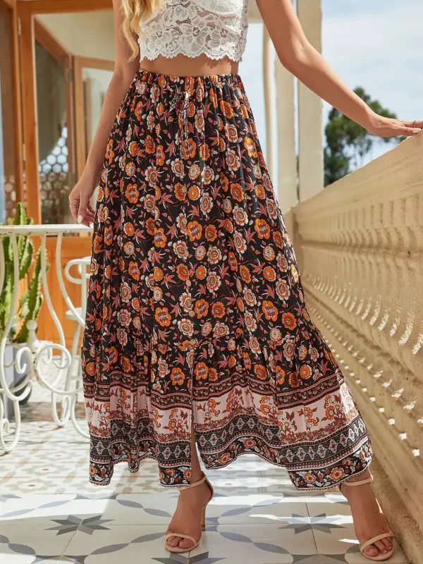 Floral Side Slit Skirt