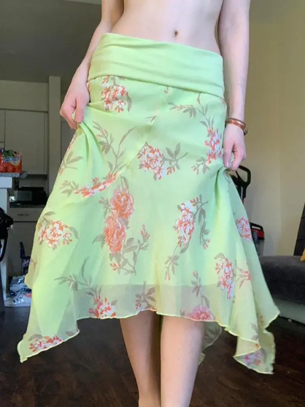 Foldover Floral Mesh Layered Midi Skirt