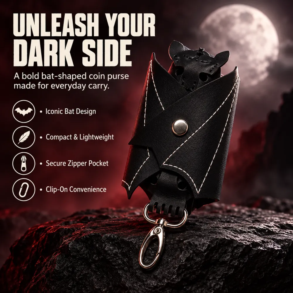 Bat shaped Gothic faux leather compact wallet - mini crossbody fashion bag with detachable shoulder strap, a terrifying Gothic accessory for nightclubs and holiday costumes