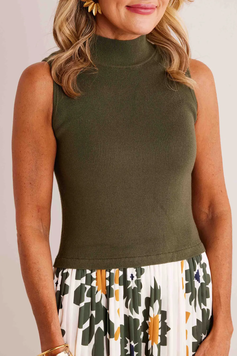 Olive Green Top with Floral Print Maxi Skirt Set