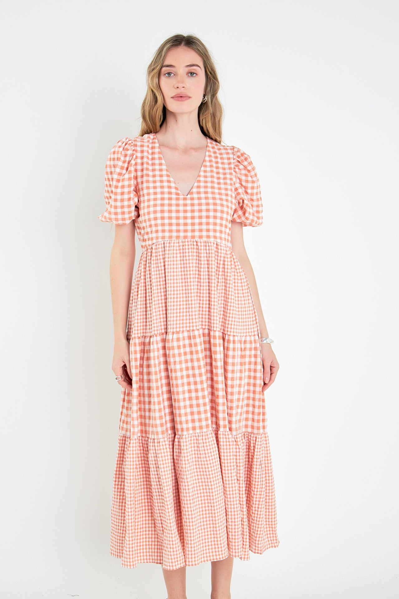 Gingham Check Combination Midi Dress