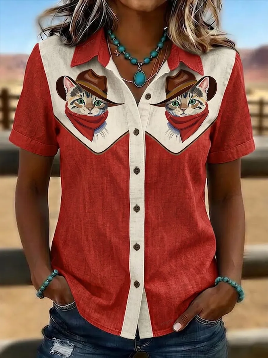 Women'S Retro Western-Style Print Short-Sleeved Shirt