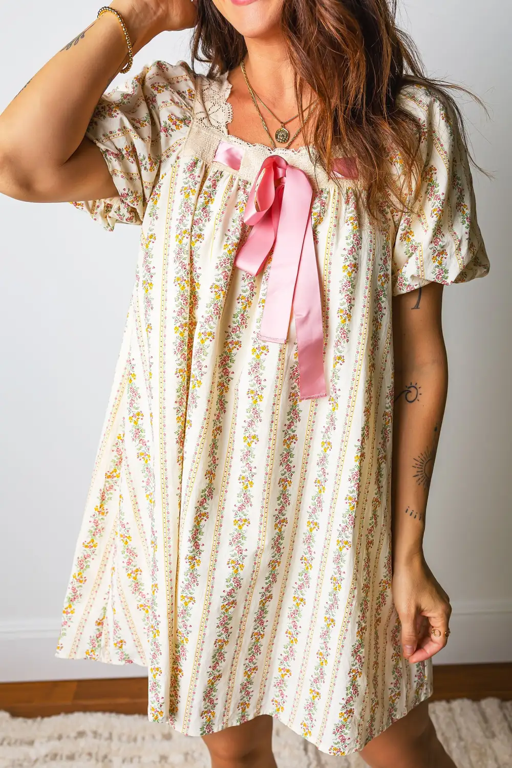 Gathered Detail Floral Printed Ribbed Mini Dress