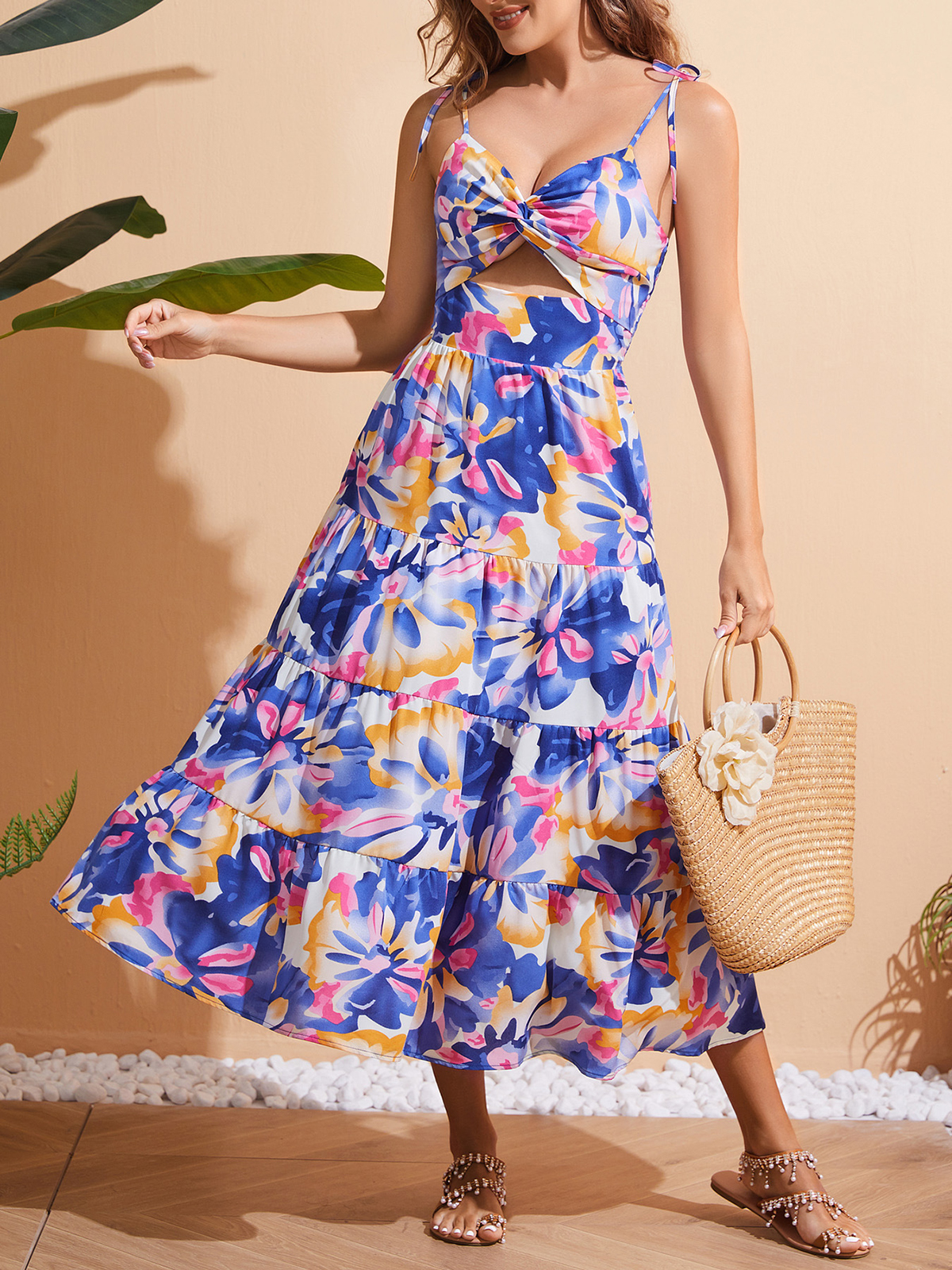 New Ladies Summer Vacation Style Suspender Dress With Large Swing Print Skirt